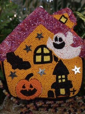 Kirks Folly Halloween Handbag Haunted House Beaded Handbag Cross Body Bag Beaded